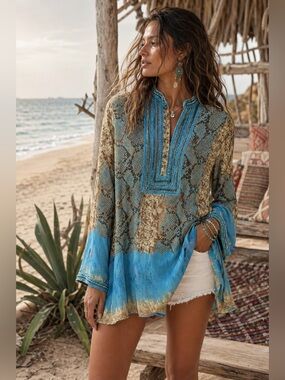 Key Lime & Pink Beaded Tunic Size XL Turquoise Brown Sheer Boho Resort Top